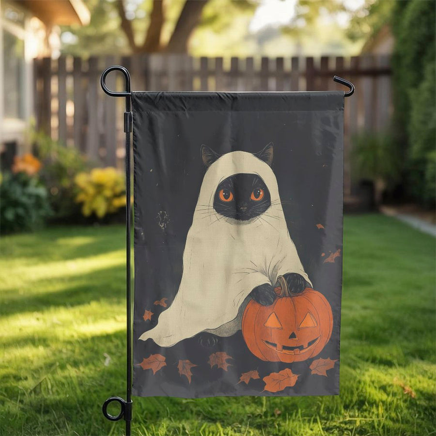 Ghost Cat Garden Flag | Cute Halloween Kitten with Jack-O'-Lantern | Durable Weather-Resistant Polyester | Spooky Fall Outdoor Yard Decor