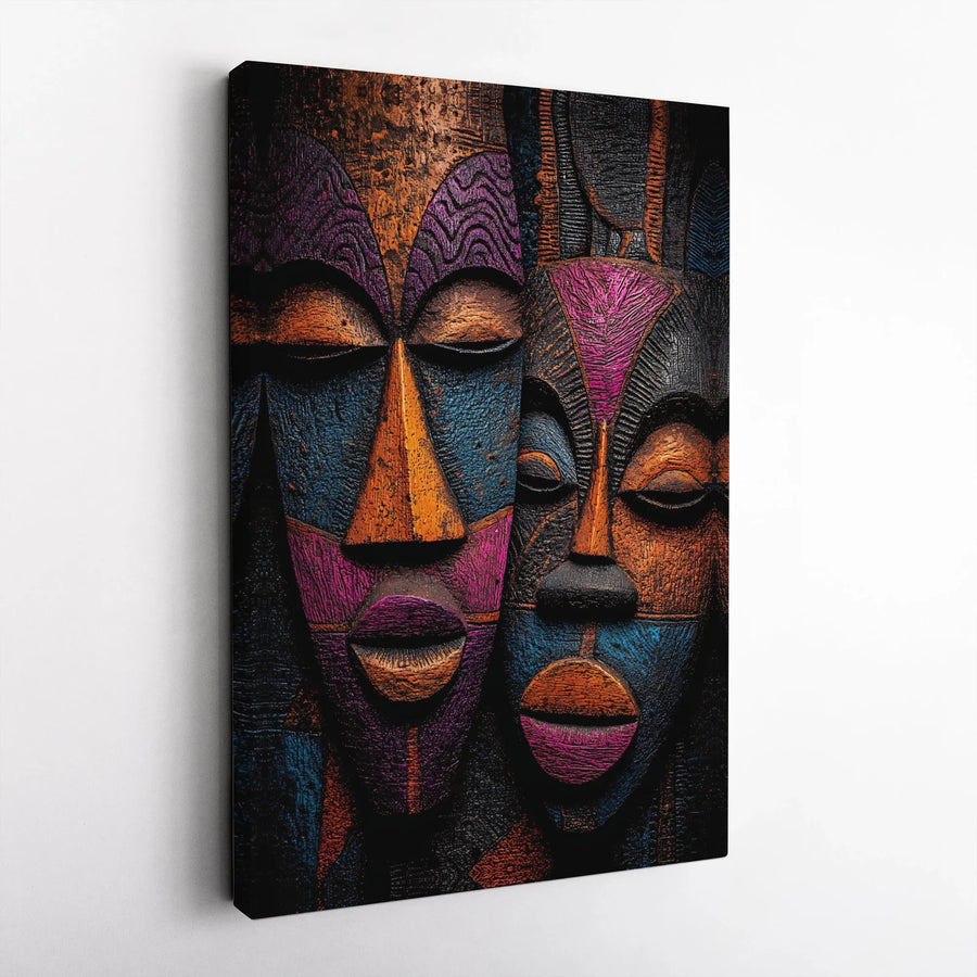 African Mask Canvas Art | Colorful Wood-Carved Effect Print | Premium Gallery Wrapped Canvas | Modern Ethnic Home Decor Gift