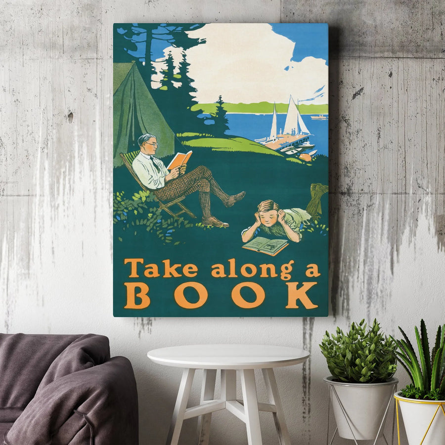 Vintage Reading Vertical Canvas | Take Along A Book Poster Art | Premium Quality Print | Library Wall Decor Gift for Readers & Teachers