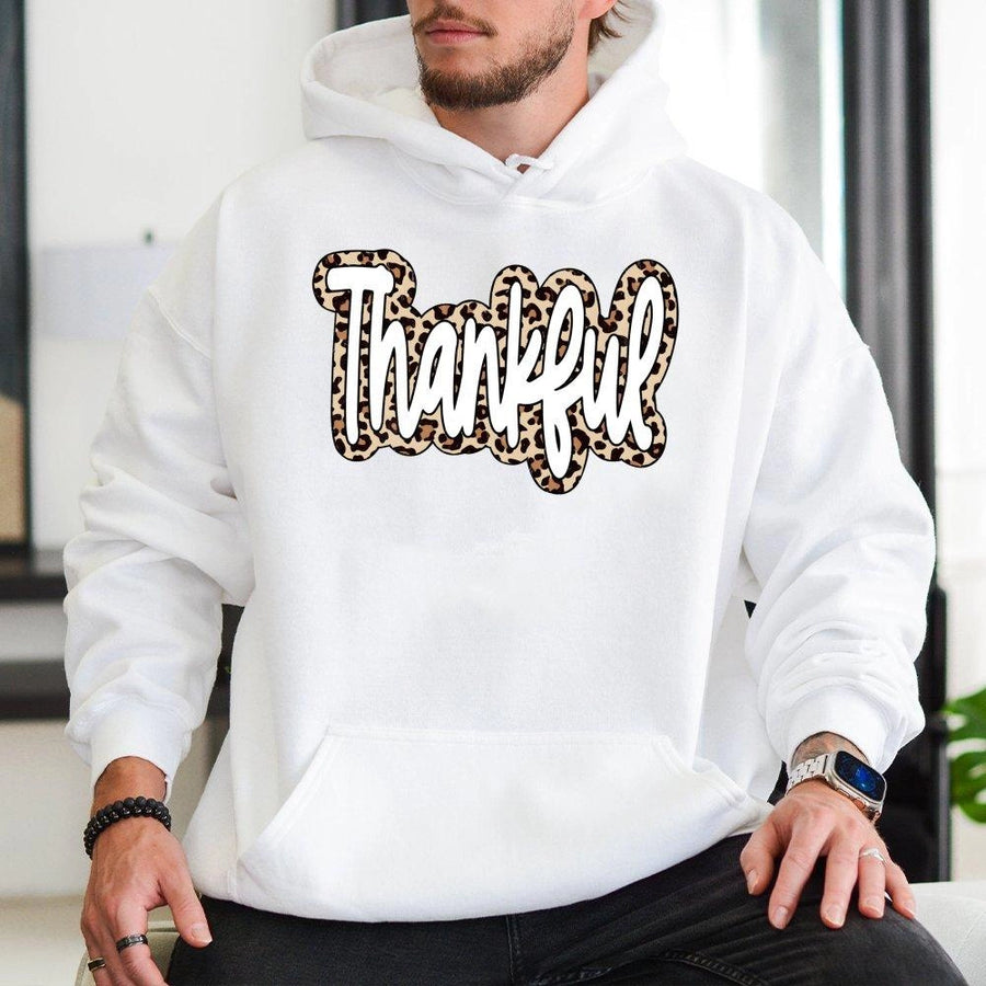 Thankful Hoodie | Leopard Print Typography Graphic | Premium Cotton Blend | Thanksgiving Fall Gift For Women And Men