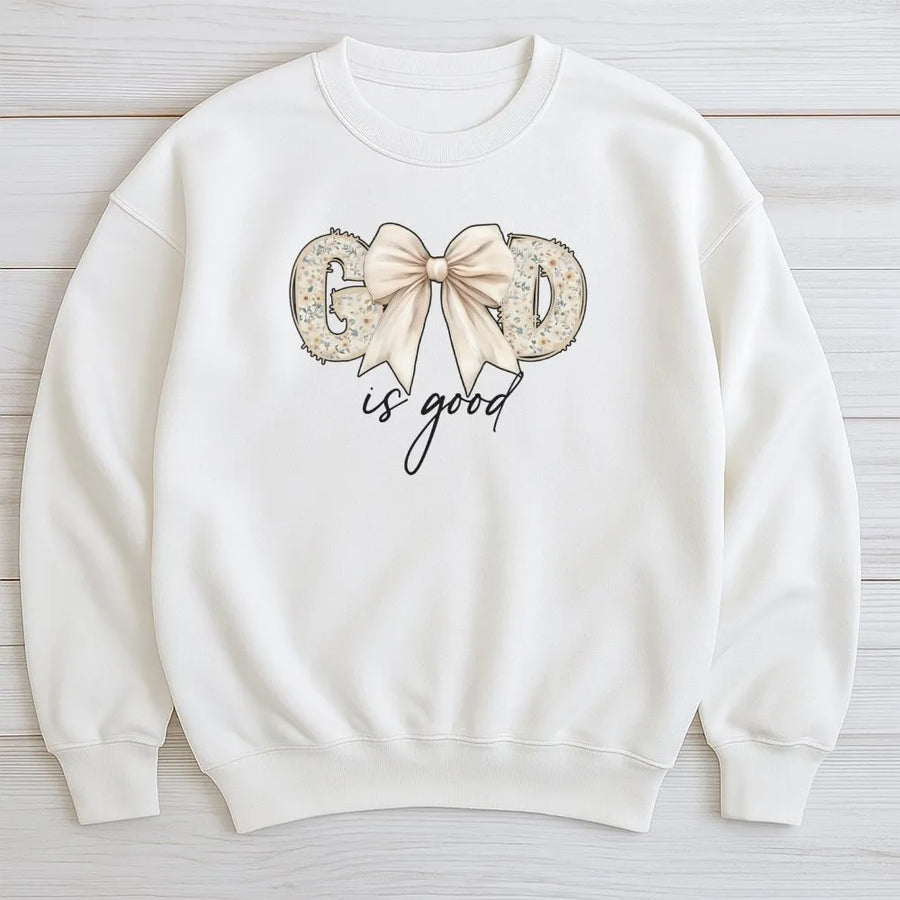 God Is Good Sweatshirt | Floral Letters With Coquette Bow Aesthetic | Premium Cotton Blend Crewneck | Christian Faith Apparel Gift For Women