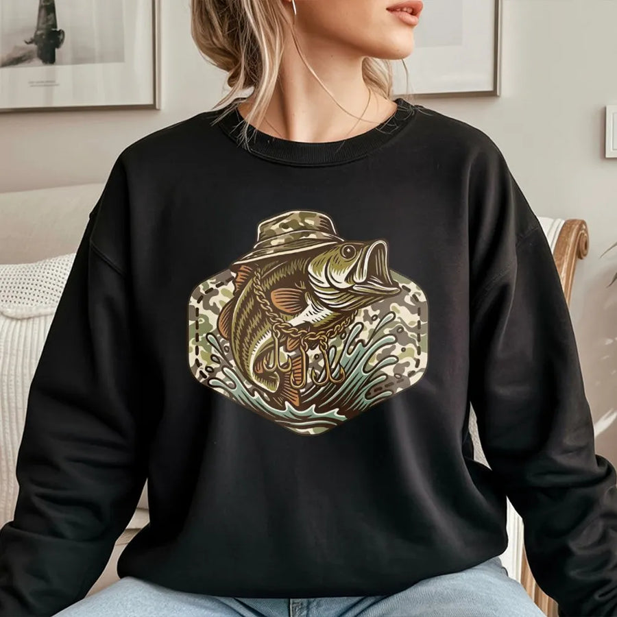 Bass Fishing Sweatshirt | Camo Hat Bass Graphic | Premium Cotton Blend | Gift for Anglers and Outdoorsmen