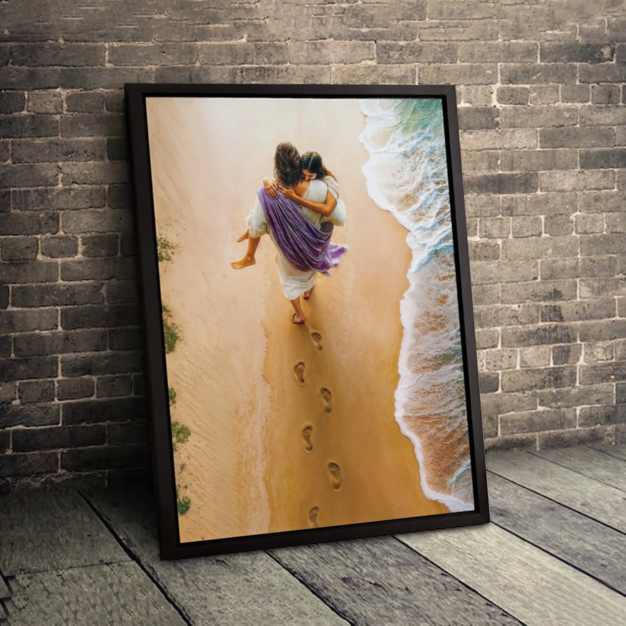Jesus Carrying Person Canvas Print | Footprints in the Sand Christian Art | Premium Gallery Wrapped Wall Decor | Meaningful Religious Gift for Believers