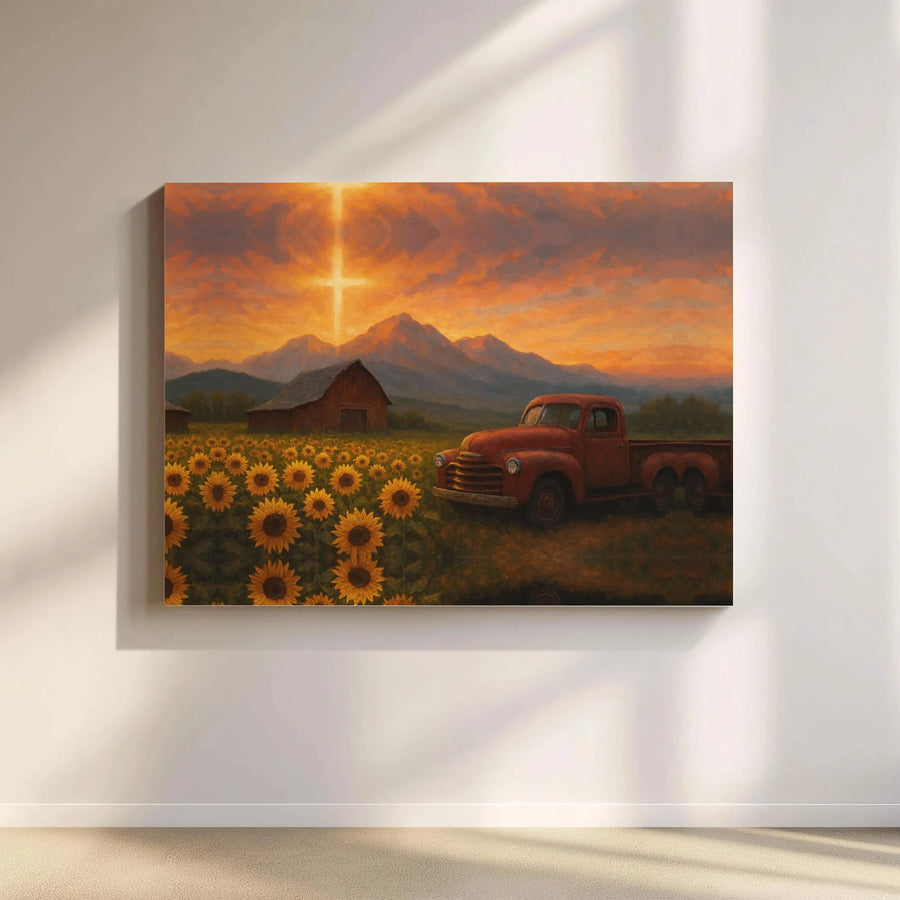Sunflower Field Wall Art | Rustic Red Truck & Religious Cross Landscape | Premium Gallery Wrapped Canvas | Farmhouse Home Decor Gift