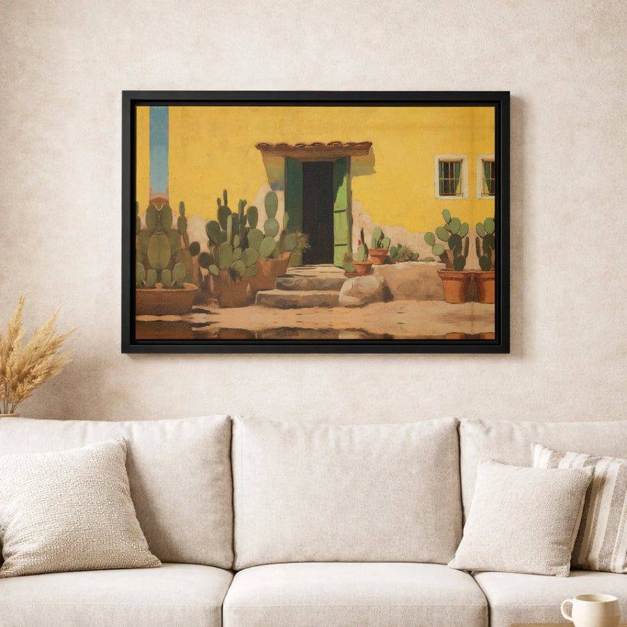 Southwestern Adobe House Canvas Art | Mediterranean Yellow Home with Cacti Print | Premium Gallery-Wrapped Wall Decor | Desert Landscape Gift
