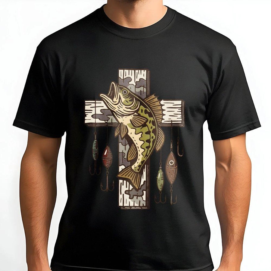 Fishing Cross T-Shirt | Bass Fish Lure Design | 100% Cotton Premium Tee | Christian Outdoors Gift for Fisherman & Men