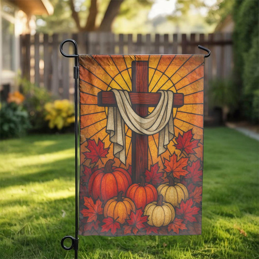 Christian Cross Garden Flag | Stained Glass Autumn Pumpkin Design | Premium Weather-Resistant Polyester | Religious Fall Yard Decor Gift