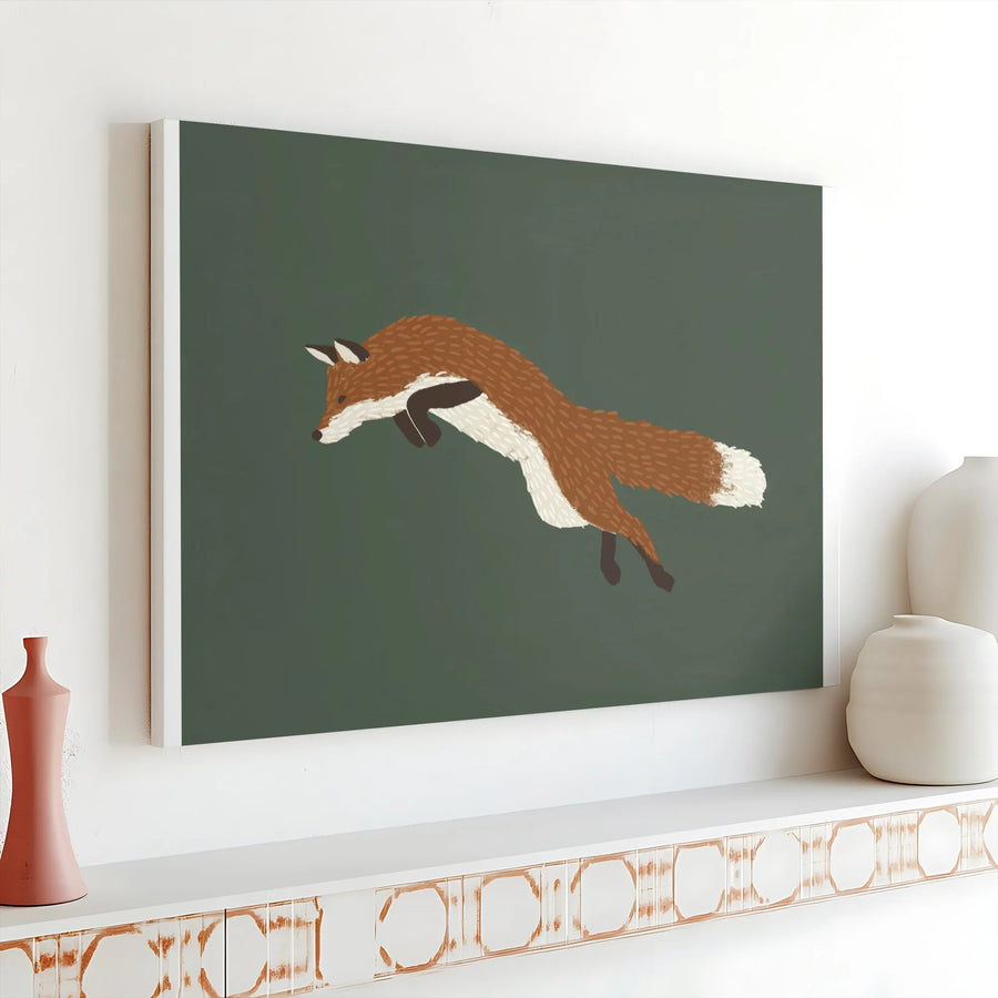 Leaping Fox Canvas Print | Minimalist Woodland Animal Art | Premium Framed Gallery Canvas | Modern Nursery & Cabin Decor Gift