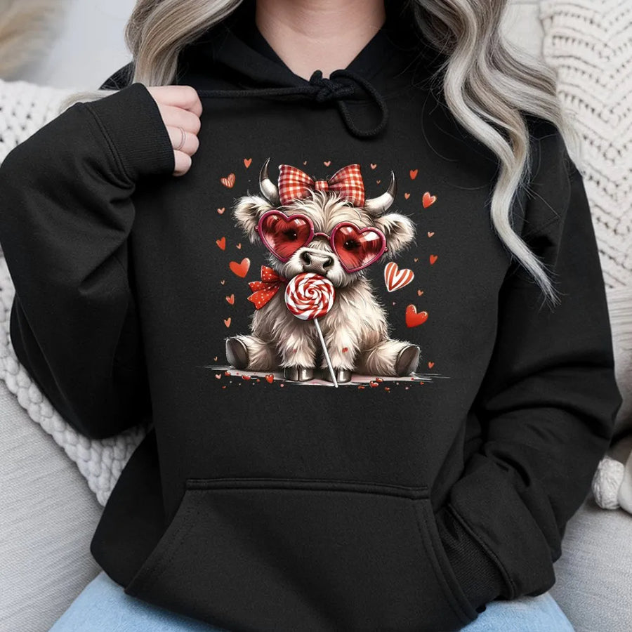 Valentine Highland Cow Hoodie | Cute Heart Sunglasses Print | Premium Cotton Blend | Gift For Her Kids Women