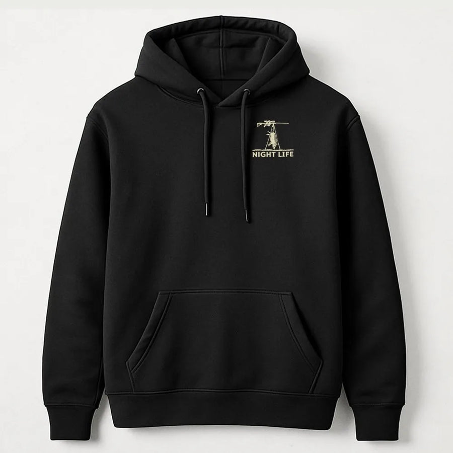 Night Life Possum Hoodie | Funny Tactical Opossum with Rifle | Premium Cotton Blend | Gift for Hunter or Gun Enthusiast