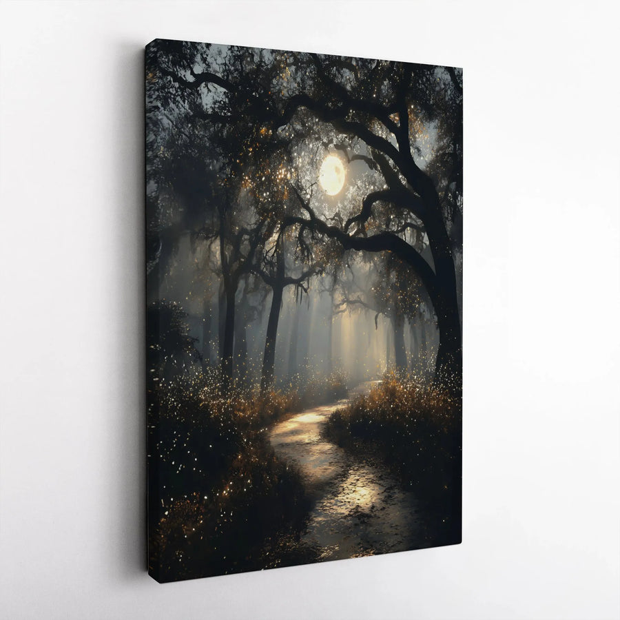 Enchanted Forest Canvas Wall Art | Moonlight Path With Fireflies | Premium Gallery Wrap Print | Whimsical Nature Home Decor Gift