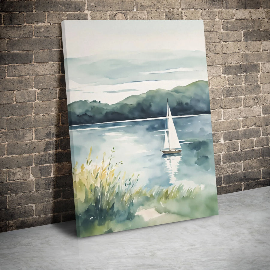 Watercolor Sailboat Canvas Print | Serene Lake Landscape Art | Premium Gallery Wrap Wall Decor | Coastal Nautical Home Office Gift