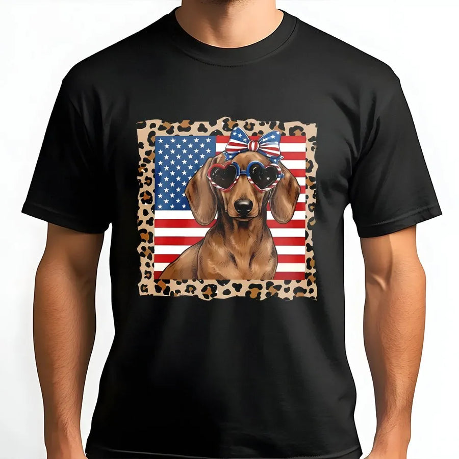 Patriotic Dachshund T-Shirt | American Flag Dog with Sunglasses | Premium Cotton Crewneck | 4th of July Gift for Dog Lover