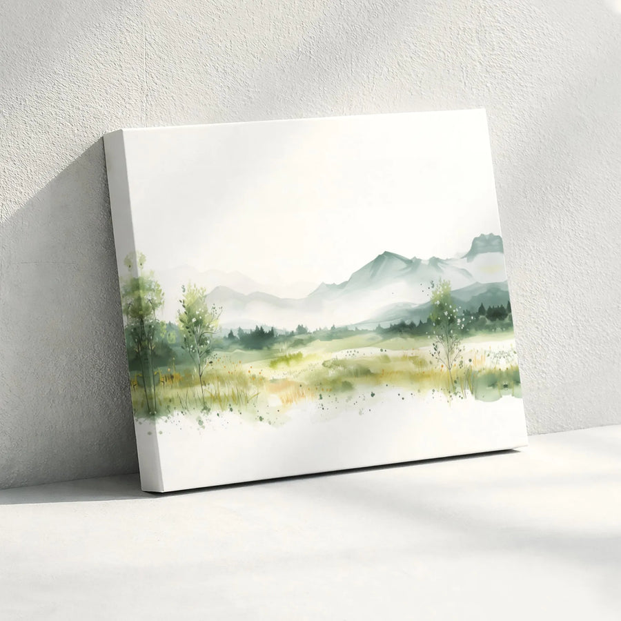 Watercolor Mountain Landscape Canvas | Misty Forest Meadow Wall Art | Premium Fade-Resistant Print | Serene Nature Home Decor Gift