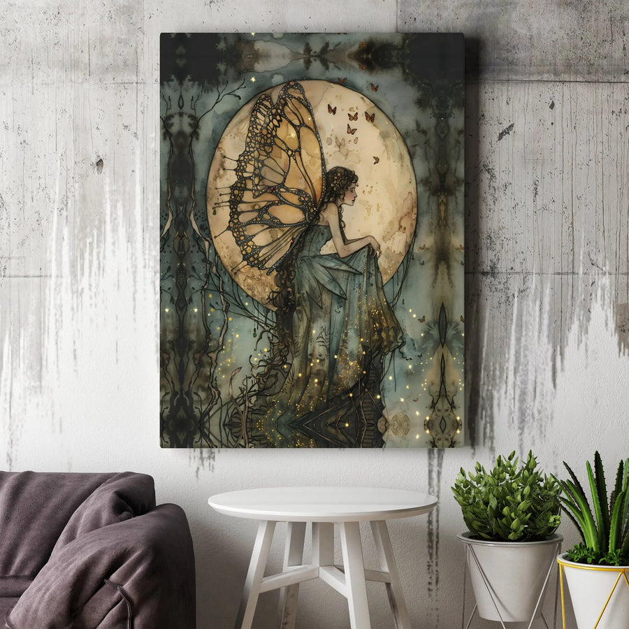 Enchanted Fairy Canvas Print | Moonlight Butterfly Fairy Illustration | Premium Framed Canvas | Fantasy Wall Decor Gift