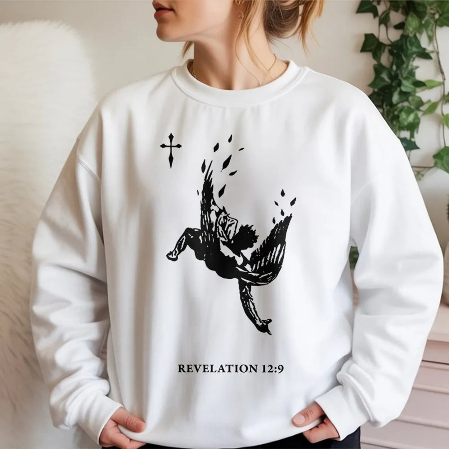 Fallen Angel Sweatshirt | Revelation 12:9 Graphic Cross Print | Premium Cotton Blend | Christian Faith Streetwear Gift for Men and Women