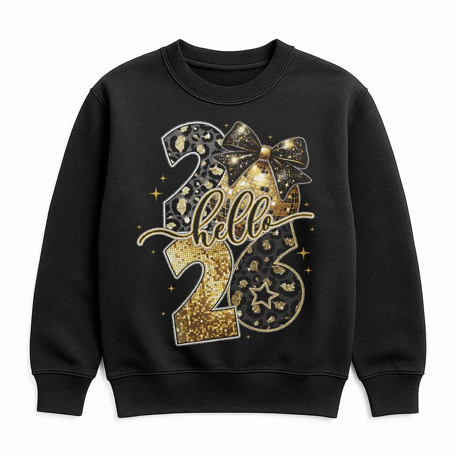 Hello 2026 New Year Sweatshirt | Gold Glitter Leopard Disco Bow Graphic | Premium Cotton Blend | Sparkly Holiday Party Gift for Her