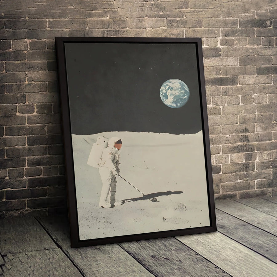 Astronaut Playing Golf Canvas Wall Art | Moon Surface Space Exploration Print | Premium 1.25" Gallery Wrap | Unique Gift for Golfers & Space Fans