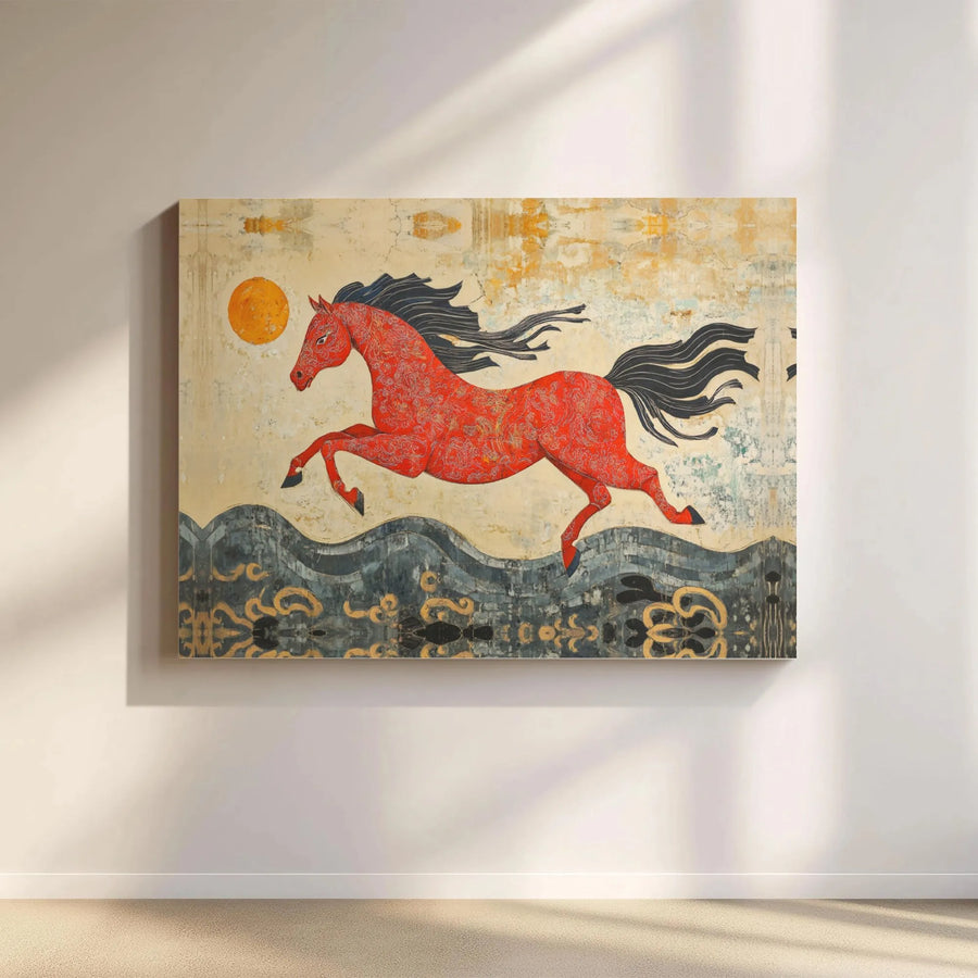 Red Horse Canvas Print | Folk Art Galloping Stallion Wall Decor | 1.25 Inch Gallery Wrap | Premium Fade Resistant Artwork for Home Office Gift