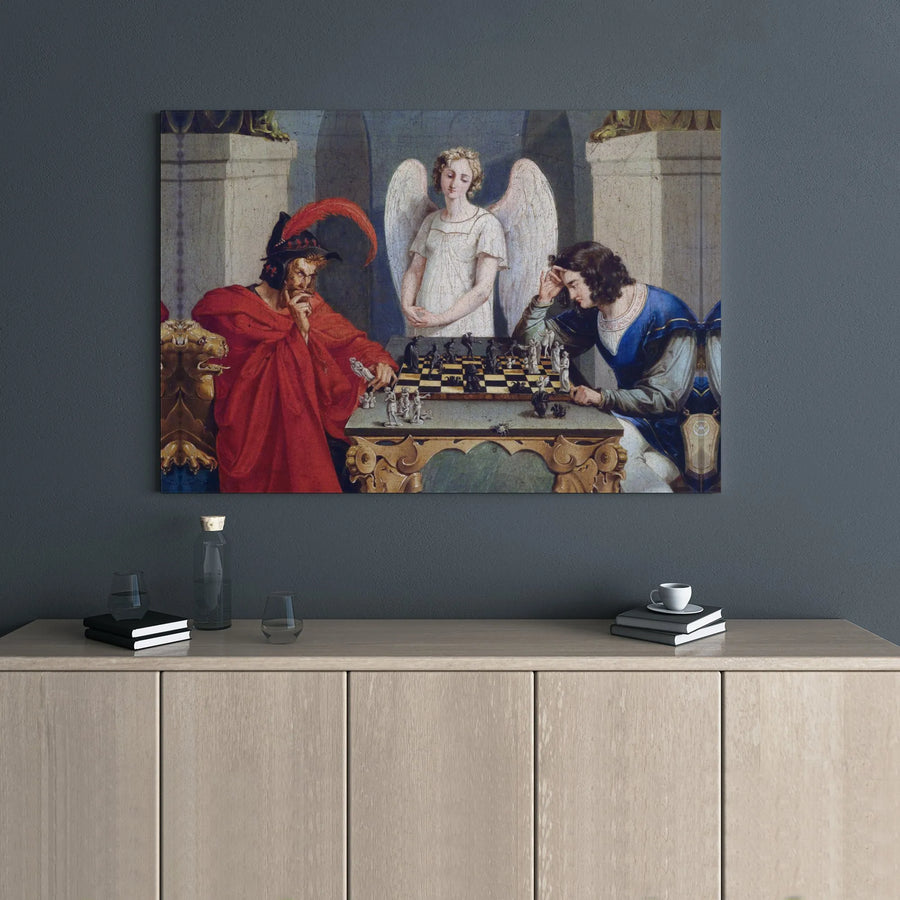 The Chess Players Canvas Wall Art | Moritz Retzsch Devil Playing Chess Print | Premium Gallery Wrap Decor | Gothic Intellectual Home Gift