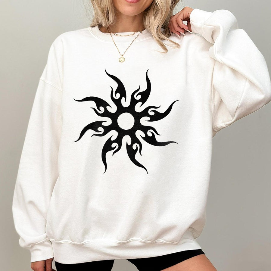 Tribal Sun Flame Sweatshirt | Y2K Grunge Aesthetic Graphic | Cotton Blend Premium Crewneck | Unisex Streetwear Gift for Him and Her