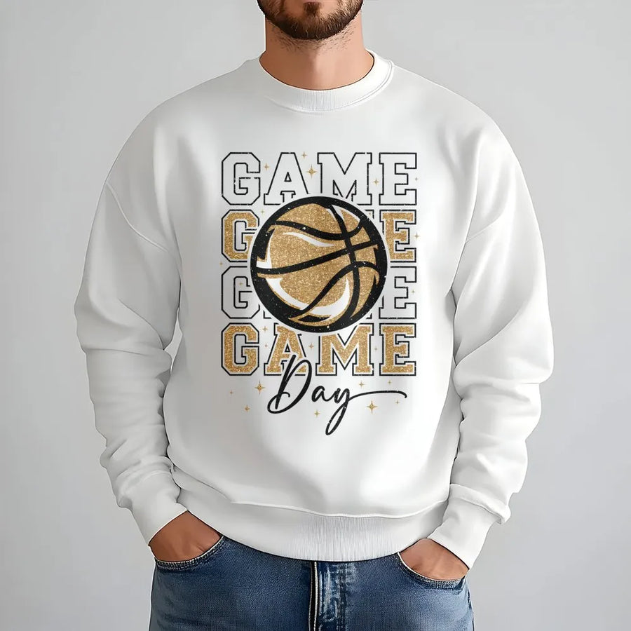 Game Day Basketball Sweatshirt | Glitter Gold Graphic Print | Premium Cotton Blend Crewneck | Gift For Basketball Mom and Sports Fan