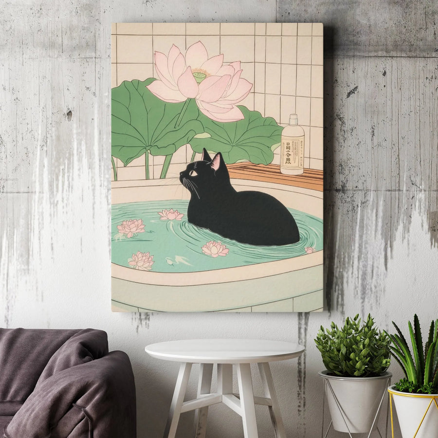 Japanese Black Cat Canvas Art | Lotus Flower Bathing Illustration | Premium Gallery Wrap Wall Decor | Whimsical Zen Home Gift