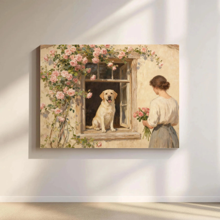 Vintage Labrador and Roses Canvas Art | Romantic Cottage Window Painting | Premium Gallery Wrapped Canvas | Cottagecore Home Decor Gift for Dog Lover
