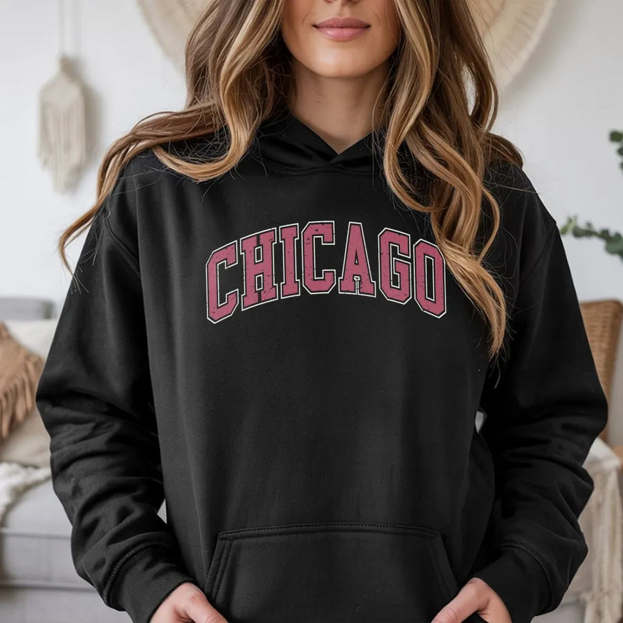 Chicago Hoodie | Retro Collegiate Varsity Graphic | Premium Cotton Blend Unisex Pullover | Windy City Souvenir Gift for Men and Women
