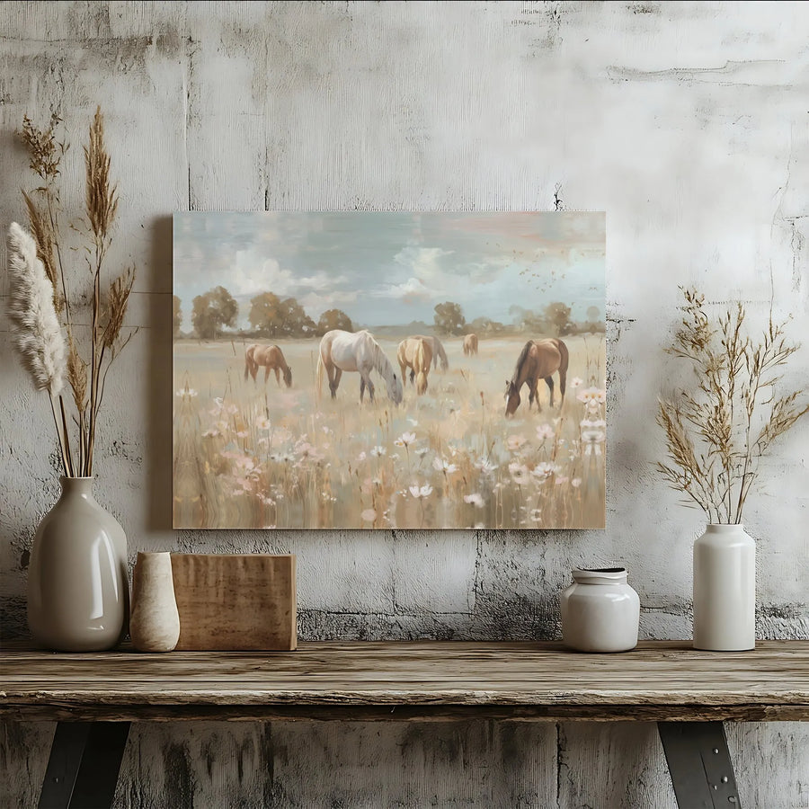 Horse Canvas Wall Art | Grazing Horses in Wildflower Meadow | Premium 1.25-Inch Gallery Wrap | Farmhouse Decor for Living Room or Bedroom