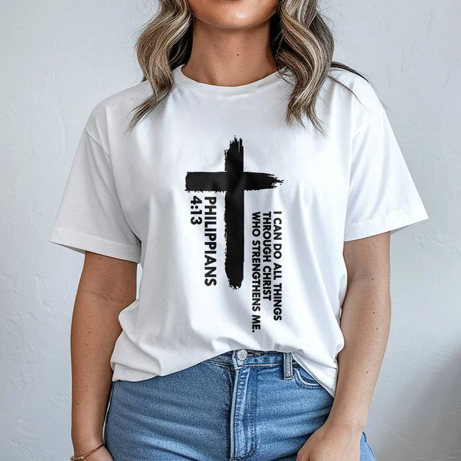 Philippians 4 13 T-Shirt | I Can Do All Things Bible Verse Cross | Premium Cotton Blend | Faith Based Gift for Men and Women