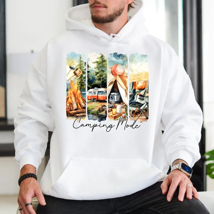 Camping Mode Hoodie | Watercolor Nature Adventure Graphic | Cotton-Blend Premium Comfort | Unisex Gift for Outdoor Lovers & Campers