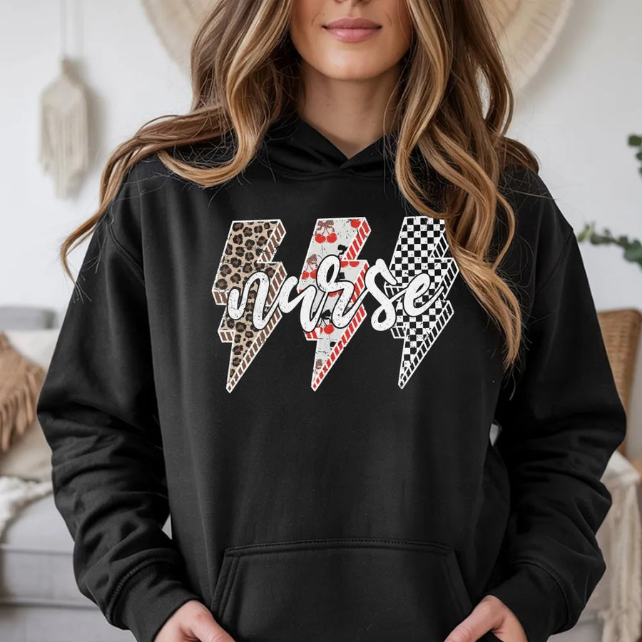 Retro Nurse Hoodie | Leopard Cherry & Checkered Lightning Bolt Design | Soft Cotton Blend Pullover | Gift for RN LPN Nursing Student Appreciation