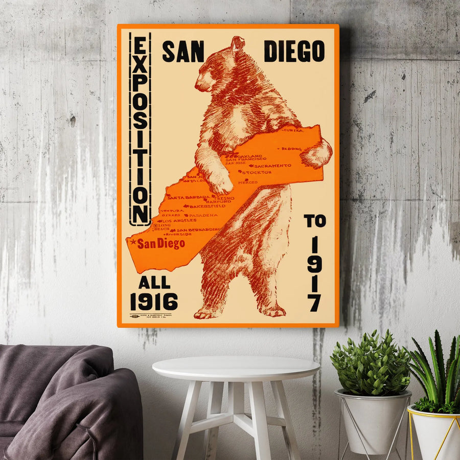 San Diego Exposition 1916 Poster Art | Vintage California Bear Map Print | Premium Gallery Wrapped Canvas | Historical Home Office Decor Gift