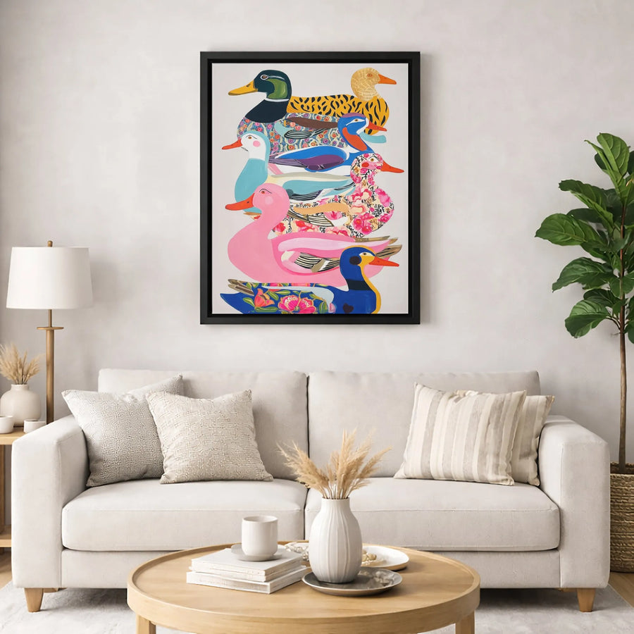 Stacked Ducks Wall Art | Whimsical Colorful Bird Illustration | Premium Gallery Wrapped Canvas | Farmhouse Nursery Decor & Gift