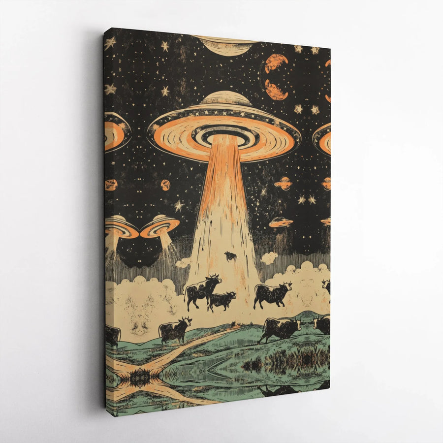 UFO Abducting Cows Canvas Wall Art | Vintage Alien Space Exploration Print | Premium 1.25-inch Gallery Wrap | Sci-Fi Gift for Space Enthusiasts