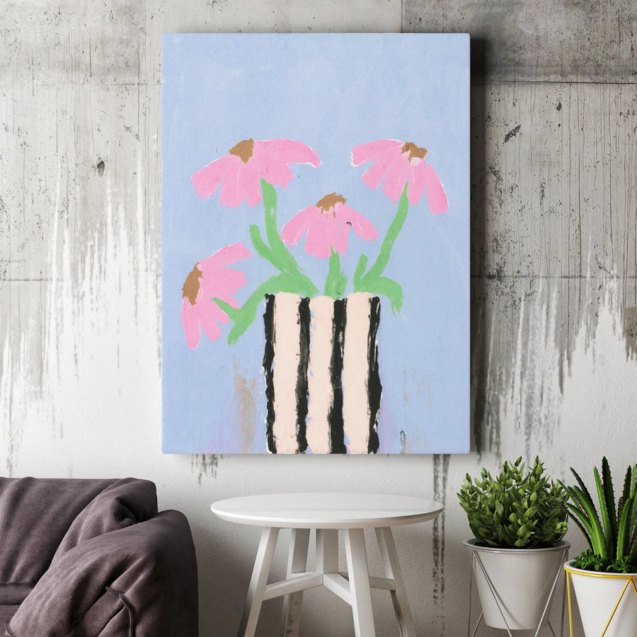 Abstract Echinacea Floral Canvas Print | Painterly Flowers in Striped Vase | Premium Gallery Wrap Canvas | Modern Botanical Home Decor Gift