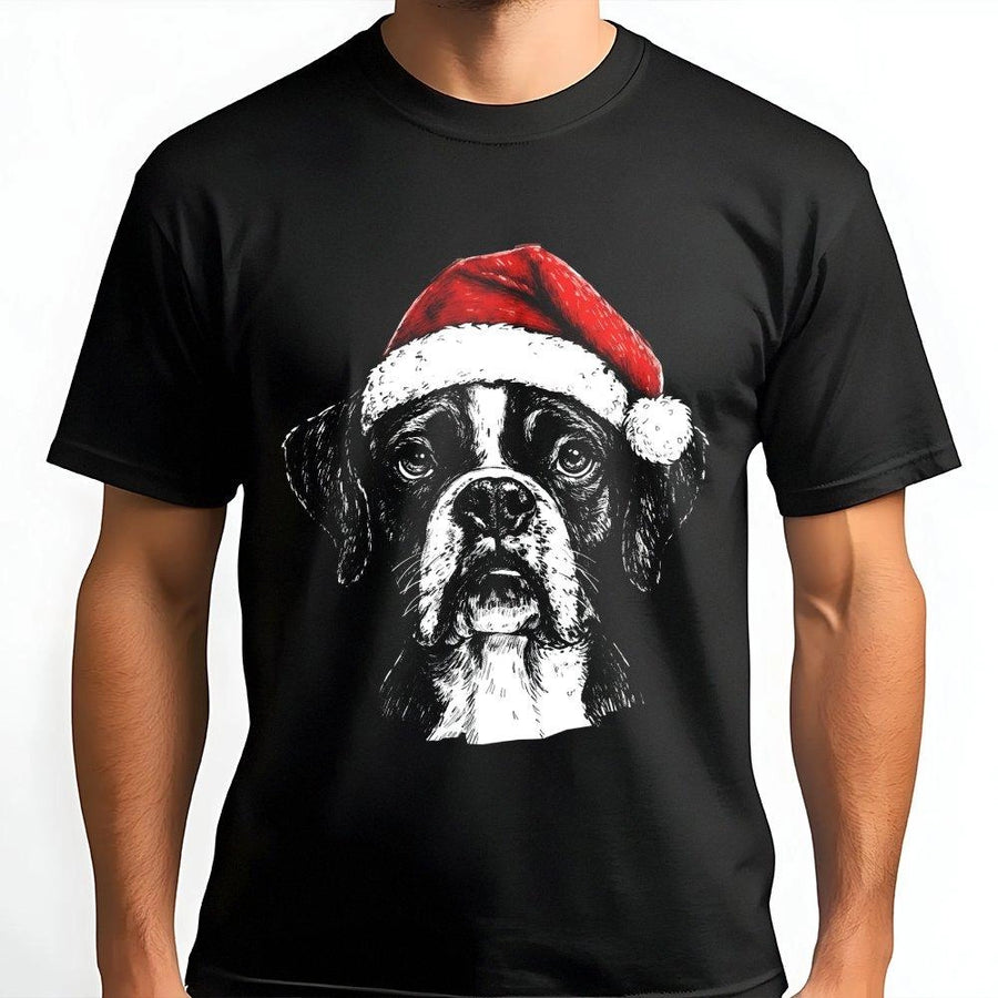 Boxer Dog Christmas T-Shirt | Festive Santa Hat Graphic Illustration | Premium Soft Cotton Blend | Holiday Gift For Dog Lovers & Pet Owners