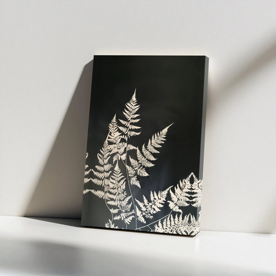 Botanical Fern Wall Art | Minimalist White Leaf Print on Black | 1.25-Inch Gallery Wrapped Canvas | Modern Nature Home Decor Gift