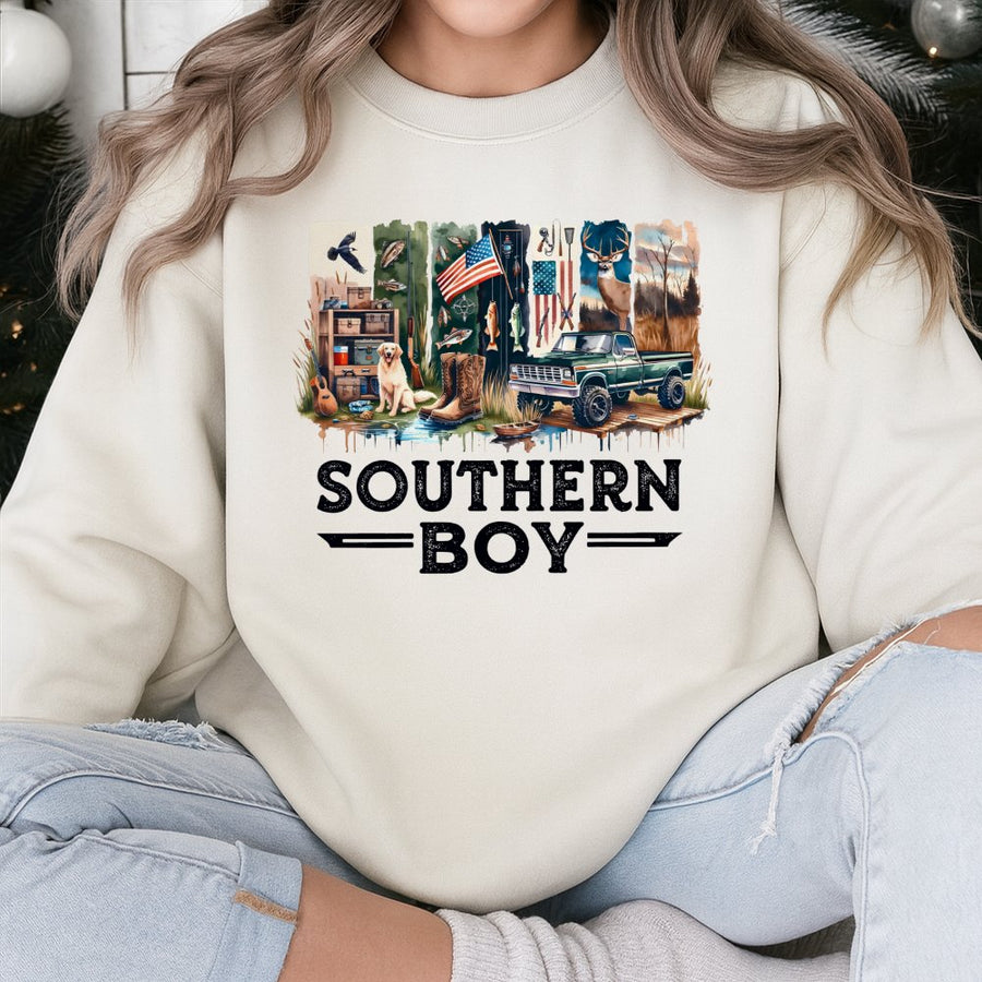 Southern Boy Hunting Sweatshirt | Retro Outdoors Graphic Print | Premium Cotton Blend | Gift for Deer Hunters and Truck Lovers