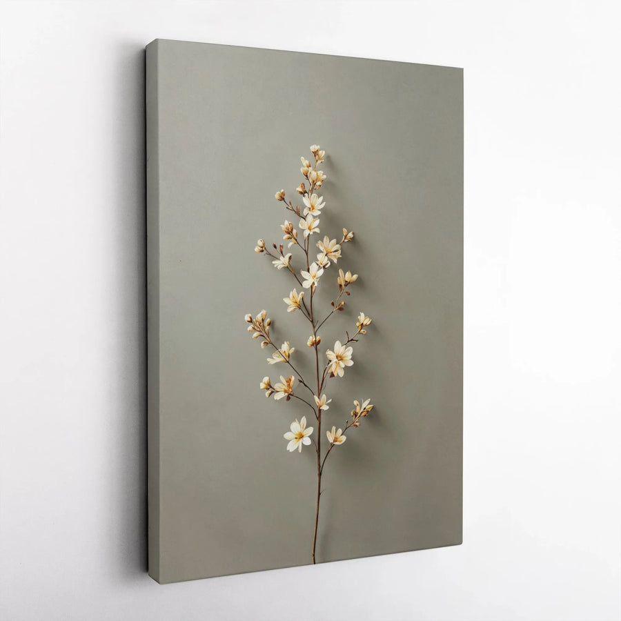 Minimalist White Blossom Canvas Wall Art | Sage Green Floral Botanical Print | Premium Gallery Wrap Decor | Modern Nature Home Gift