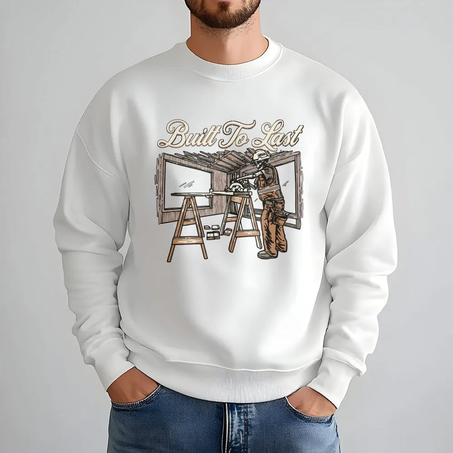 Carpenter Sweatshirt | Built To Last Skeleton Graphic Design | Premium Cotton Blend | Gift For Construction Worker & Blue Collar Dad
