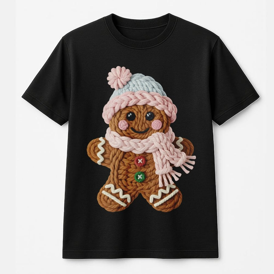 Gingerbread Man T-Shirt | Knitted Yarn Texture Graphic | 100% Cotton Premium Tee | Cute Christmas Gift for Holiday Lovers