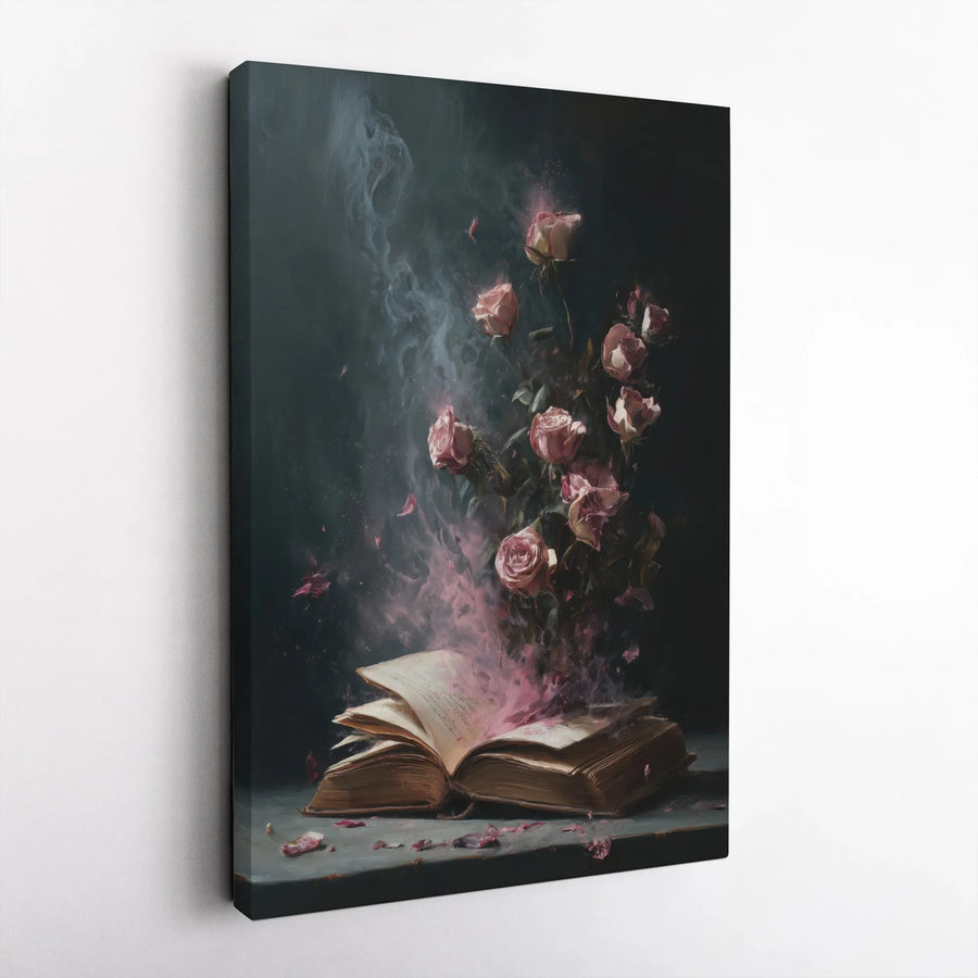 Enchanted Book With Pink Roses Canvas | Surreal Floral Wall Art | Gallery-Quality Fade-Resistant Print | Magical Home Decor Gift for Book Lovers