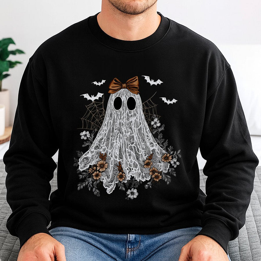 Lace Ghost Sweatshirt | Cute Bow Halloween Graphic Design | Premium Cotton Blend | Aesthetic Spooky Fall Gift for Women & Girls