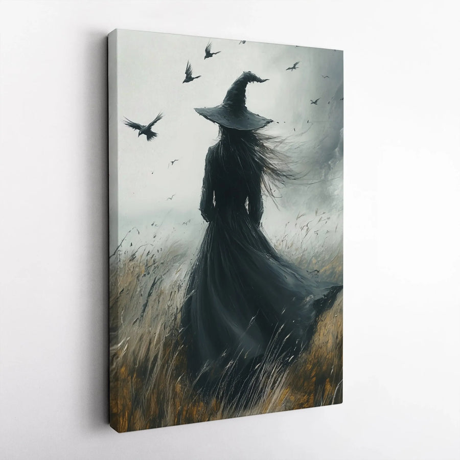 Witch Wall Art Canvas | Moody Gothic Landscape with Crows | Premium Fade-Resistant Print | Dark Academia Home Decor Gift