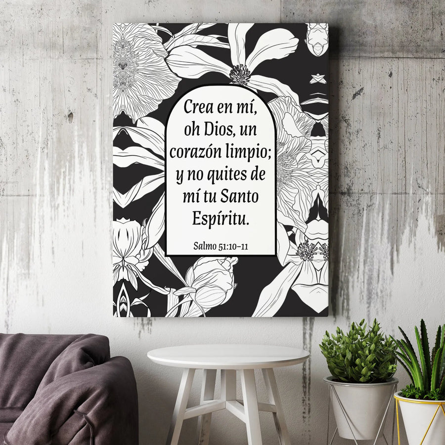 Salmo 51:10-11 Wall Art | Spanish Bible Verse Floral Canvas | Premium Gallery Wrap Decor | Christian Home Gift for Believers