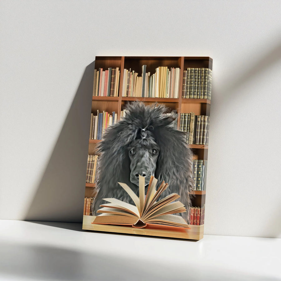 Black Poodle Reading Book Vertical Canvas | Vintage Library Dog Wall Art | 1.25 Inch Premium Gallery Wrap | Gift for Book Lovers and Poodle Owners