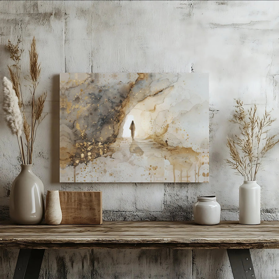 Jesus Resurrection Canvas Wall Art | Abstract Empty Tomb Gold Foil Effect | Premium Gallery Wrapped Decor | Christian Faith Home Gift
