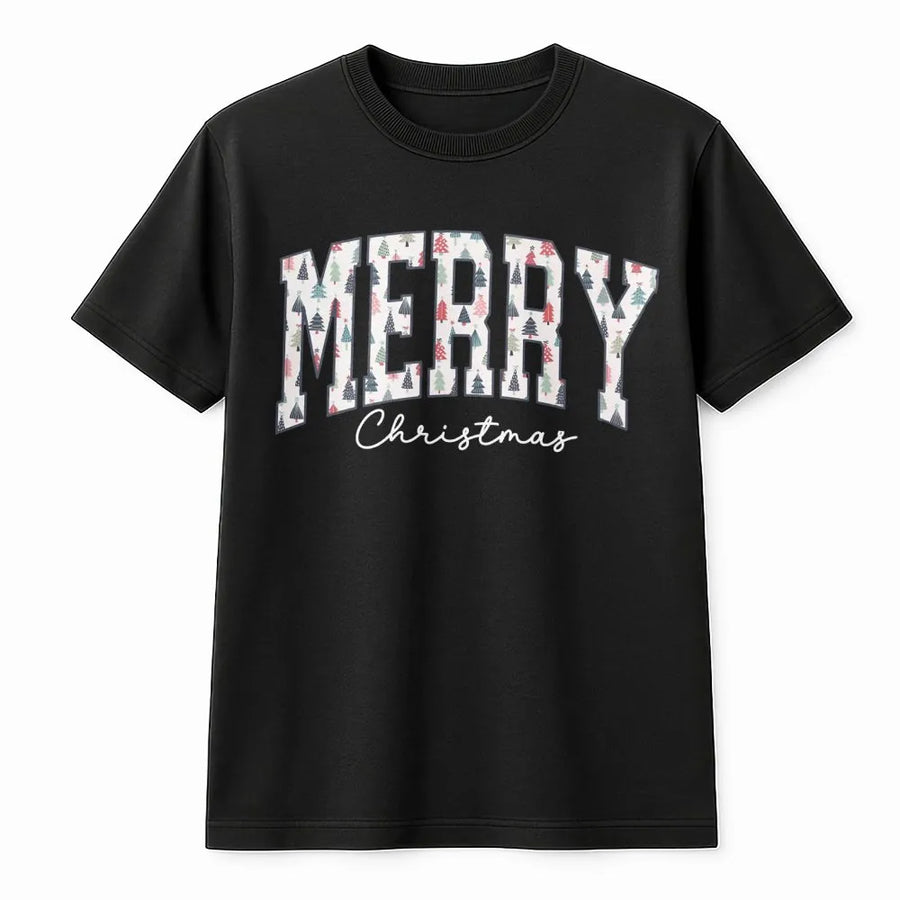Merry Christmas T-Shirt | Retro Christmas Tree Varsity Lettering | Premium Soft Cotton | Holiday Gift for Women and Men